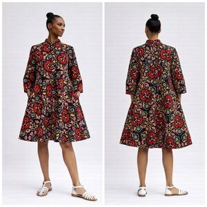 Zuri Kenya African Print Shirt Dress Black Red Floral A-Line Button Front Size L